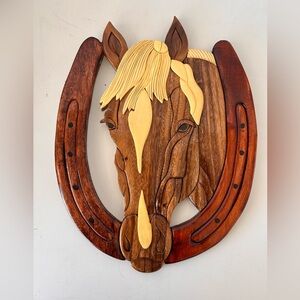 Horse Head Horseshoe Handmade Wood Wall Hanging Plaque Art Equestrian Home Decor